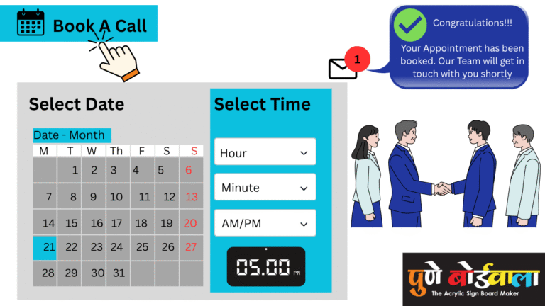 “Book a call interface with date and time selection, showing appointment confirmation message and handshake illustration with Pune Boardwala logo – The Acrylic Sign Board Maker”