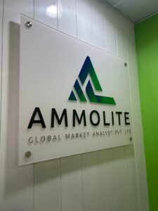 Wall-mounted acrylic office sign board for Ammolite Global Market Analyst Pvt Ltd, crafted by Pune Boardwala in Pune – high-quality custom sign boards.﻿