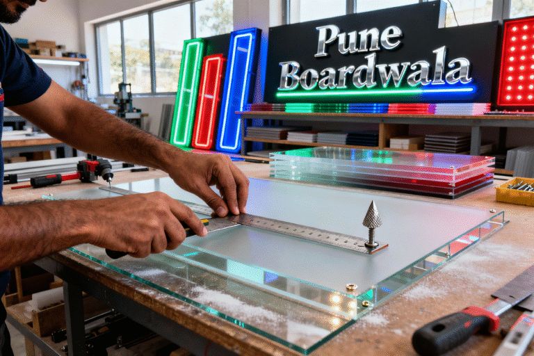 Photorealistic signage workshop showing skilled craftsmen measuring and cutting custom acrylic sign boards with precision tools, featuring vibrant LED sign boards and Pune Boardwala branding in a modern, well-lit workshop (Top Sign Board Manufacturers in Pune- Key Benefits of Investing in High-Quality Custom Signage)