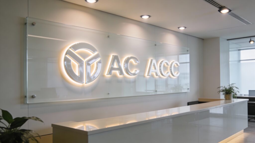 Indoor Sign Board: Illuminated acrylic name board "Mr. Rahul Sharma Director" mounted next to glass office door with modern corporate interior