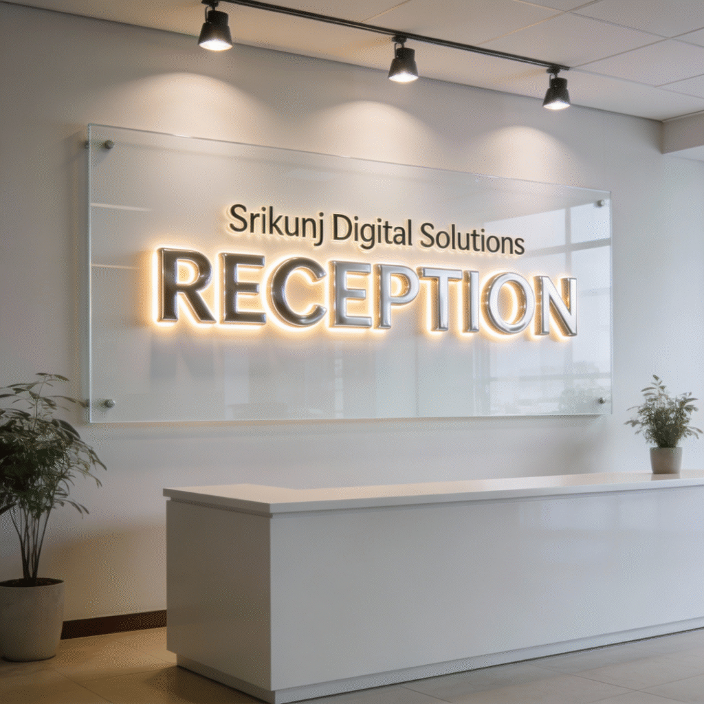 Indoor Sign Board: Modern indoor acrylic sign board with illuminated Srikunj Digital Solutions logo and RECEPTION text mounted on glass panel above white reception desk with plants