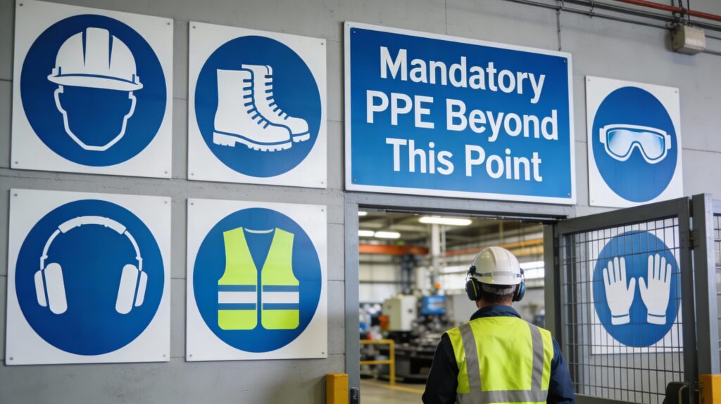 Industrial Sign Boards: Mandatory PPE safety signs showing hard hat, safety boots, vest, ear protection, gloves and goggles required beyond gate with worker entering factory