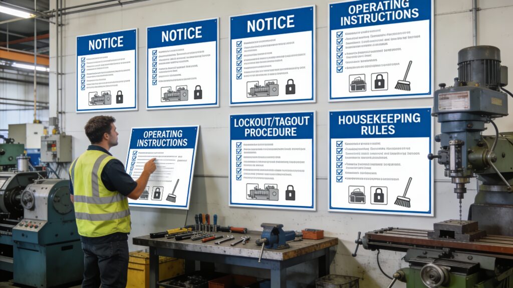 Industrial Sign Boards: Worker in hi-vis vest pointing at industrial notice boards showing Lockout Tagout procedures, operating instructions, housekeeping rules and safety notices in factory workshop