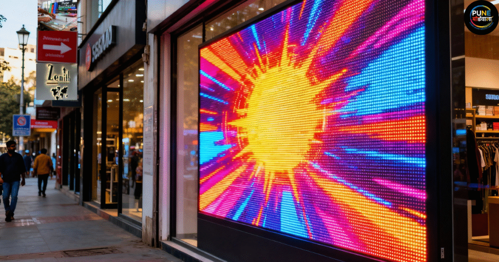 LED Digital Signage Video Wall (Outdoor) Pune Storefront Display: Vibrant outdoor LED digital signage video wall on Pune retail storefront attracting customers