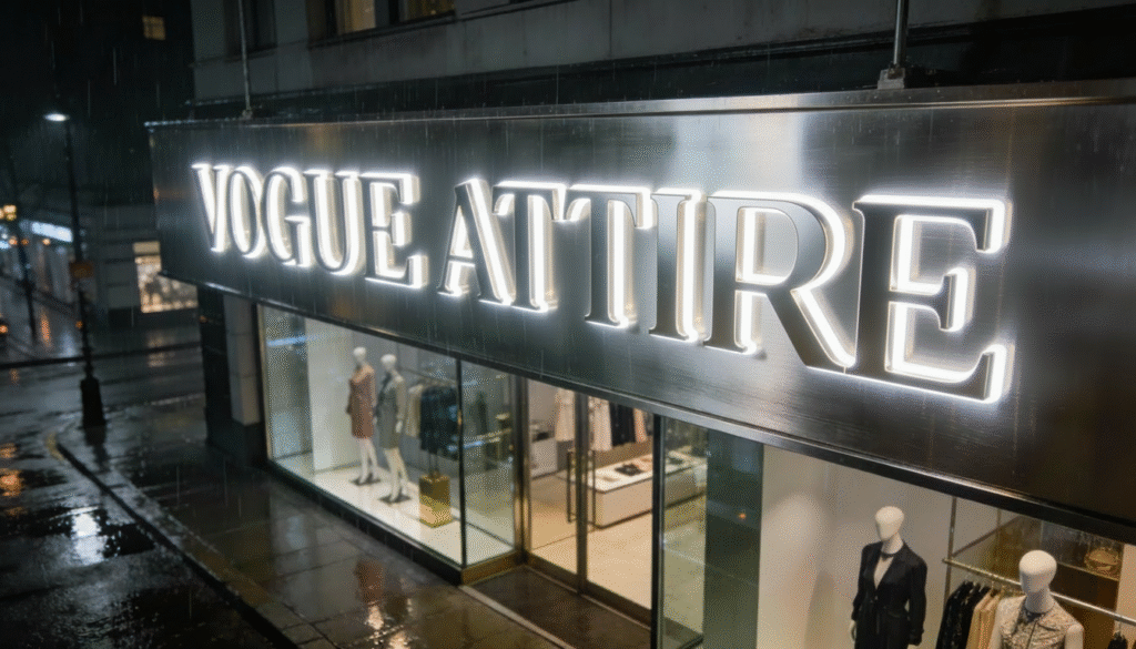 Outdoor LED Sign- Stainless Steel 3D LED Channel Letters: Premium stainless steel 3D letters "VOGUE ATTIRE" with halo LED outline lighting mounted fascia style above modern apparel shop glass facade nighttime urban Pune street wet reflection