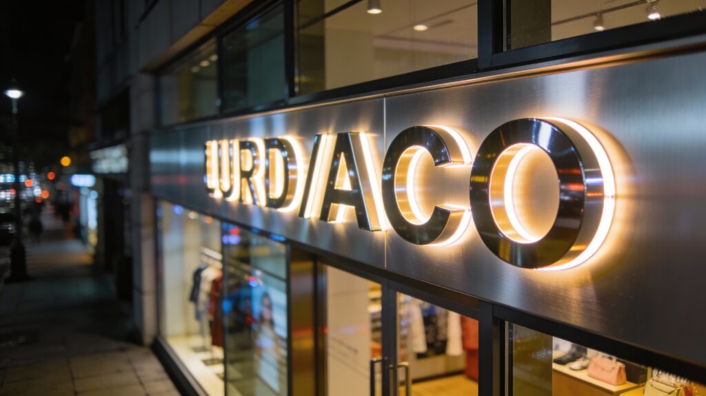 Outdoor LED Sign_Stainless Steel 3D LED Channel Letters: Brushed stainless steel 3D channel letters LURD/ACO with LED edge lighting mounted above fashion retail store glass front nighttime