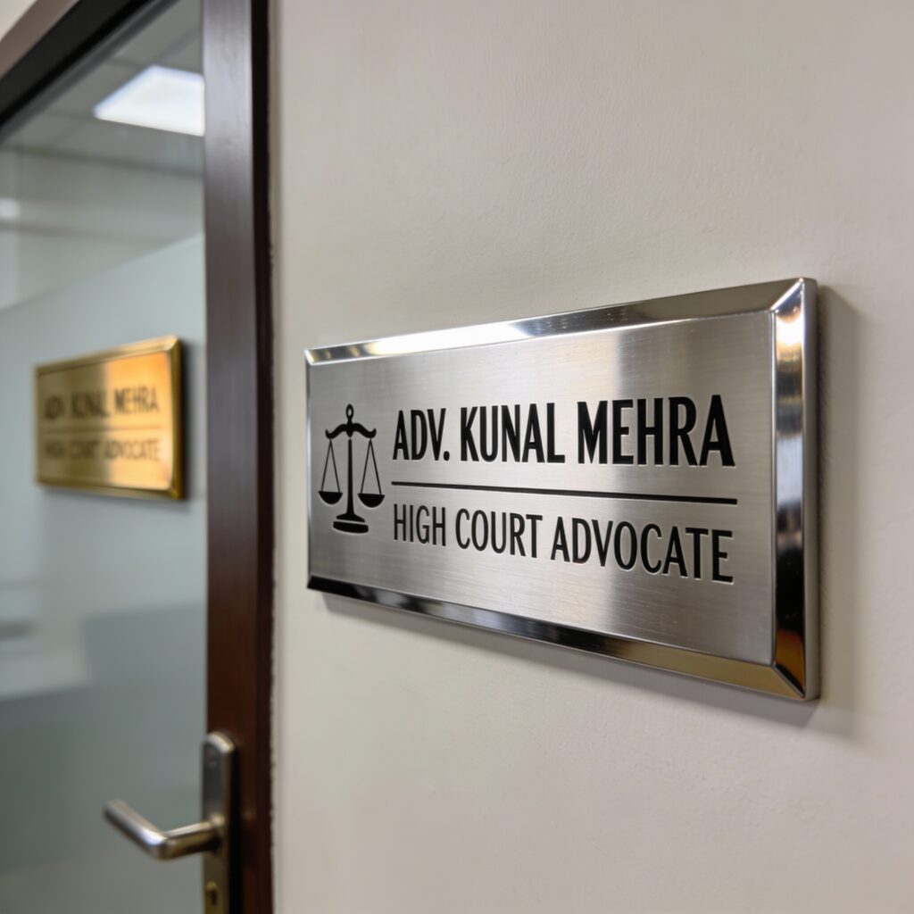Premium Name Boards: Brushed stainless steel name board Adv Kunal Mehra High Court Advocate with scales of justice symbol mounted beside wooden office door