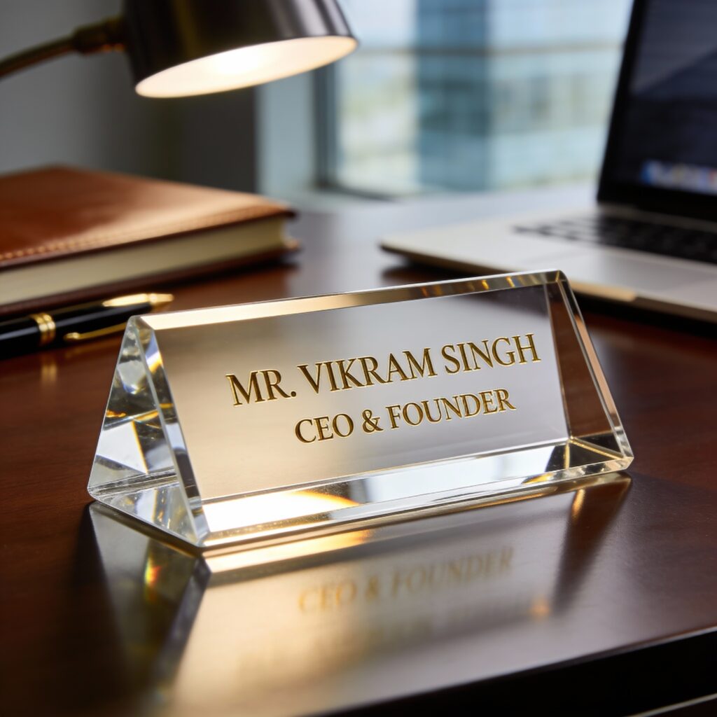 Premium Name Boards: Clear crystal engraved triangular desk name plate Mr Vikram Singh CEO & Founder on executive office wooden desk with lamp