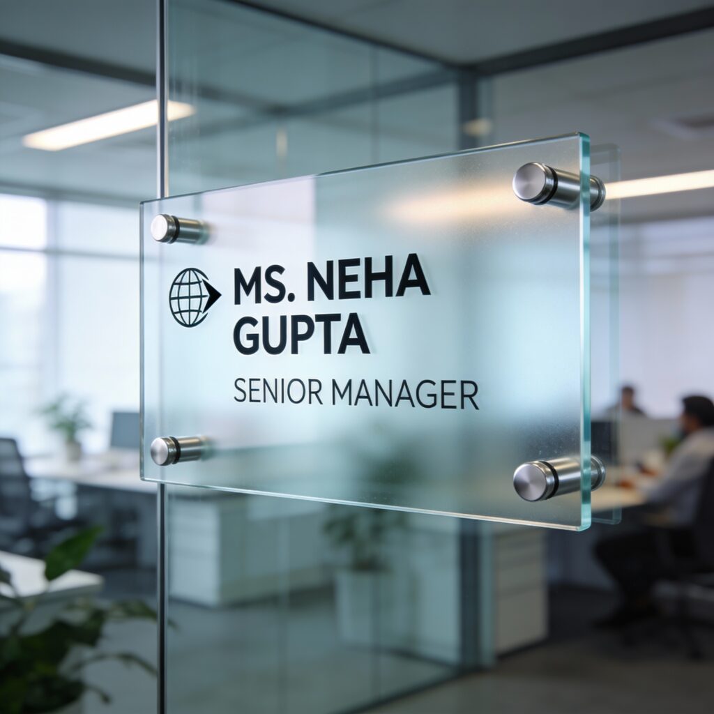 Premium Name Boards: Clear glass acrylic name board Ms Neha Gupta Senior Manager with globe logo mounted beside modern office glass door
