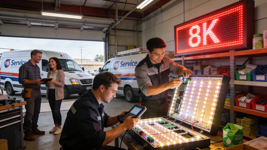 Pune Boardwala After-Sales LED Signage Service Lohegaon Workshop: Modern service workshop technicians maintaining glowing LED signage diagnostic tools customers receiving serviced sign boards energy-efficient LED modules eco-friendly materials service vans Lohegaon Pune Boardwala