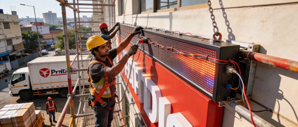 Pune Boardwala Professional LED Sign Installation Lohegaon Commercial Facade: Professional signage installation team mounting heavy-duty weatherproof LED sign board on commercial building facade using scaffolding testing fire-safe wiring Lohegaon Pune Boardwala