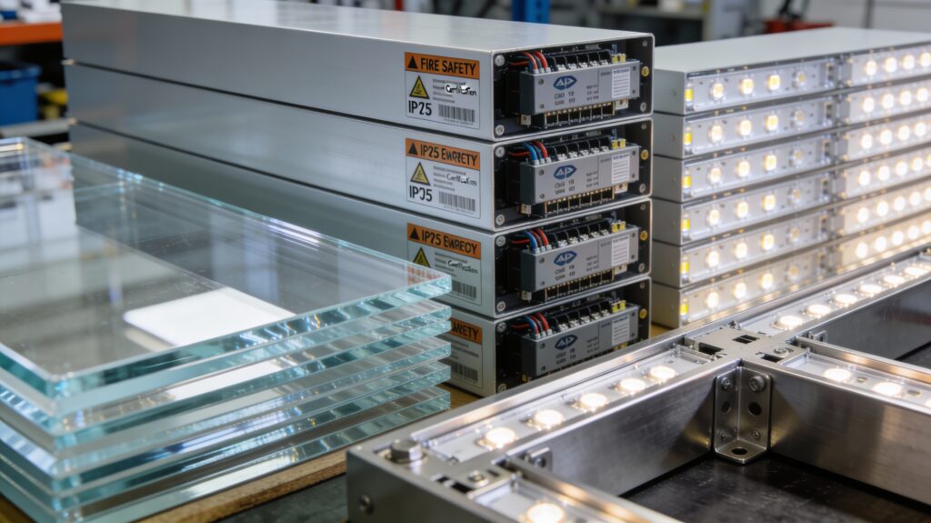 Pune Boardwala Quality Materials Crystal Acrylic LED IP65 Panels Lohegaon: Premium signage workshop close-up crystal acrylic sheets stacked beside fire safety ACP panels IP65 LED modules stainless steel frames quality control Lohegaon Pune Boardwala