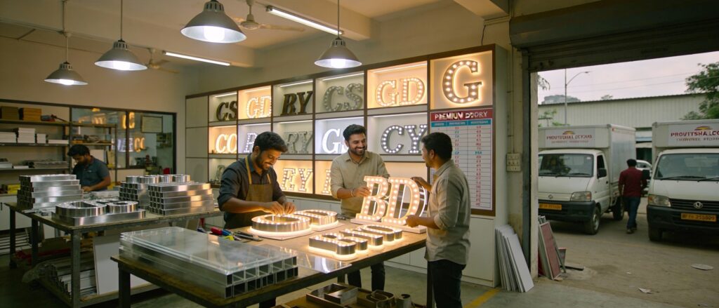 Pune Boardwala Profile signage workshop team crafting premium 3D LED acrylic and steel letters GBS GD craftsmen assembling glowing sign boards delivery vans outside Lohegaon